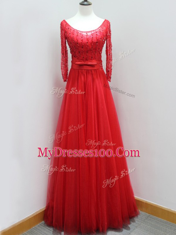 Artistic Beading and Belt Evening Dress Red Backless Long Sleeves Brush Train