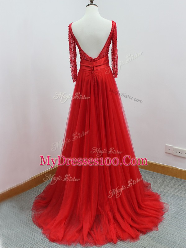 Artistic Beading and Belt Evening Dress Red Backless Long Sleeves Brush Train