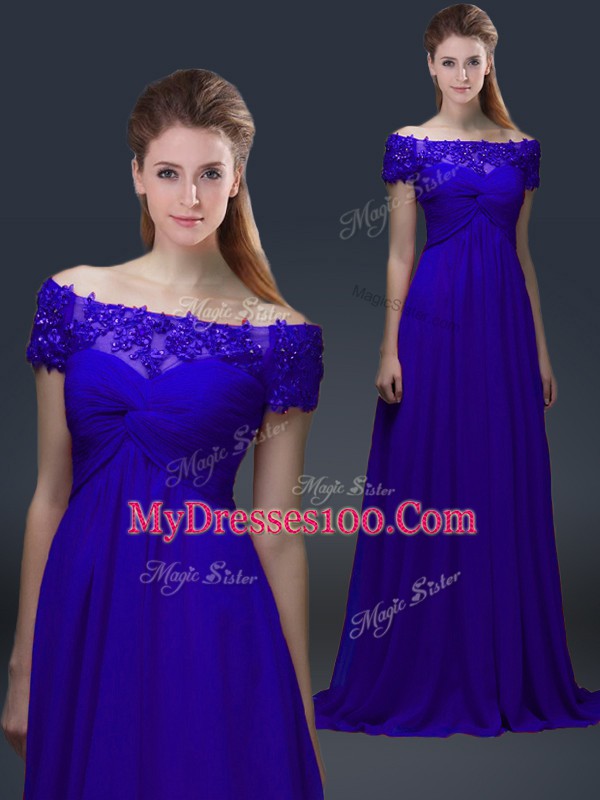 Ideal Blue Empire Chiffon Off The Shoulder Short Sleeves Appliques Knee Length Lace Up Mother Of The Bride Dress