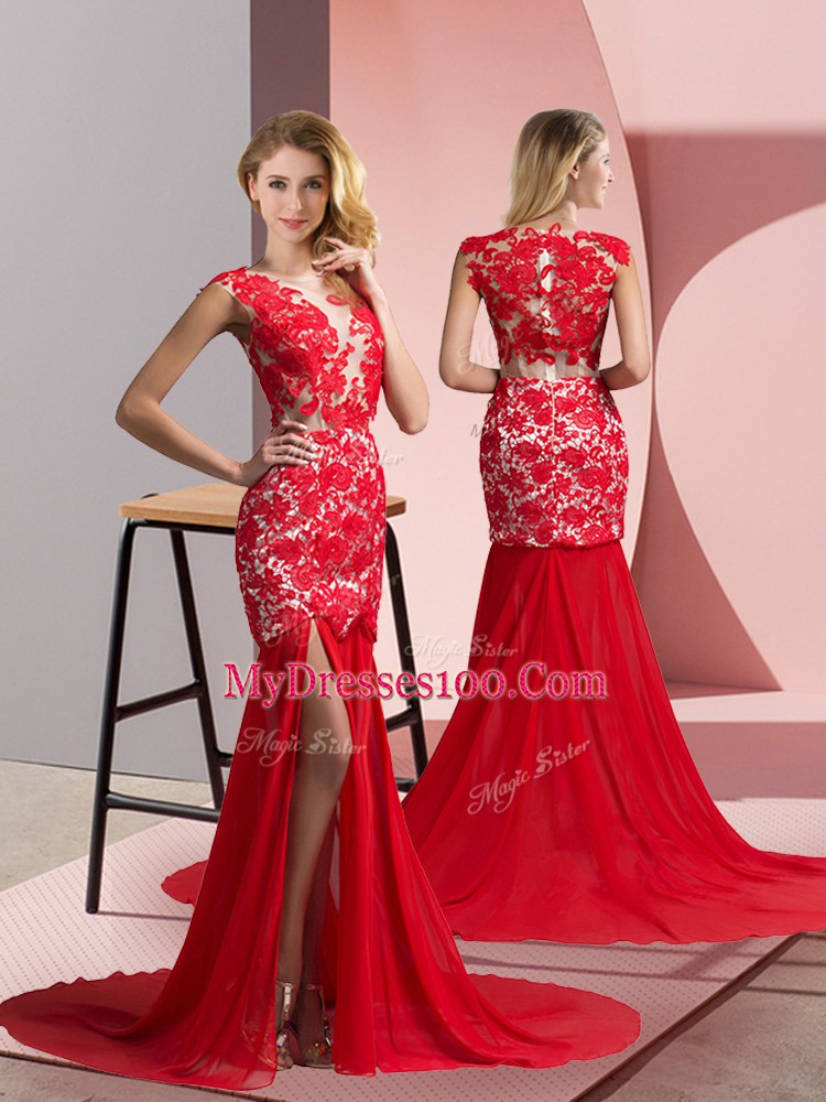 Modern Coral Red Column/Sheath Lace Prom Dress Zipper Chiffon Sleeveless