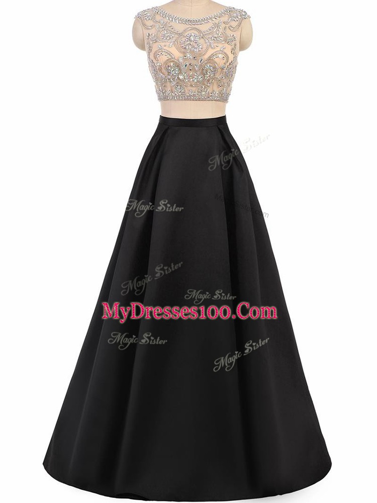 Black Zipper Scoop Beading Prom Evening Gown Taffeta Sleeveless