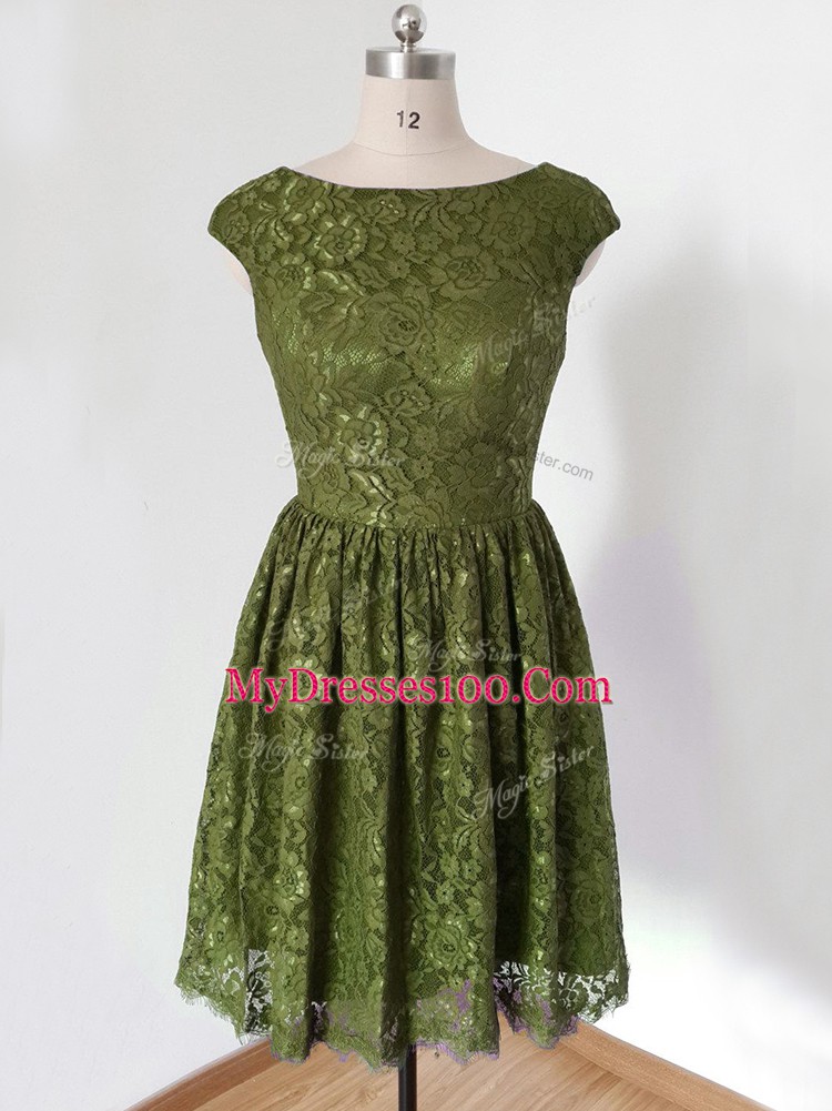 Lace Wedding Party Dress Olive Green Lace Up 3 4 Length Sleeve Knee Length