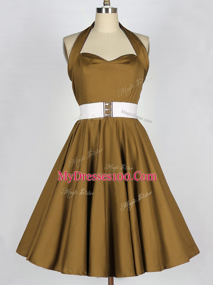 Nice Brown Lace Up Halter Top Belt Bridesmaid Gown Taffeta Sleeveless