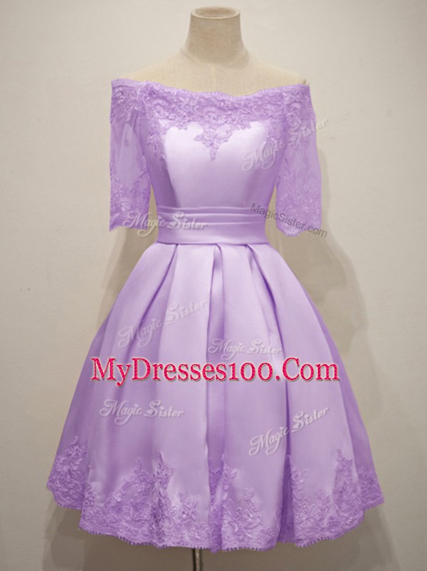 Short Sleeves Knee Length Lace Lace Up Dama Dress for Quinceanera with Lavender