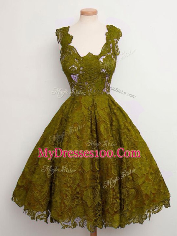 Lace Straps Sleeveless Lace Up Lace Wedding Guest Dresses in Olive Green