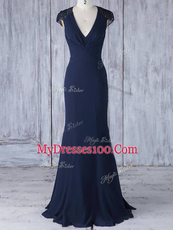 Lovely Chiffon V-neck Cap Sleeves Side Zipper Lace Vestidos de Damas in Navy Blue