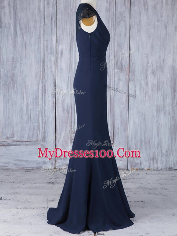 Lovely Chiffon V-neck Cap Sleeves Side Zipper Lace Vestidos de Damas in Navy Blue