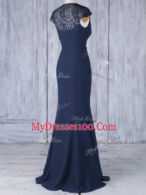 Lovely Chiffon V-neck Cap Sleeves Side Zipper Lace Vestidos de Damas in Navy Blue