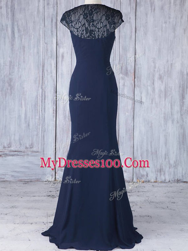 Lovely Chiffon V-neck Cap Sleeves Side Zipper Lace Vestidos de Damas in Navy Blue