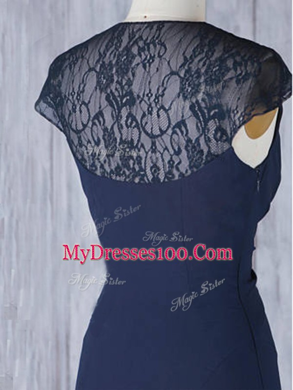 Lovely Chiffon V-neck Cap Sleeves Side Zipper Lace Vestidos de Damas in Navy Blue