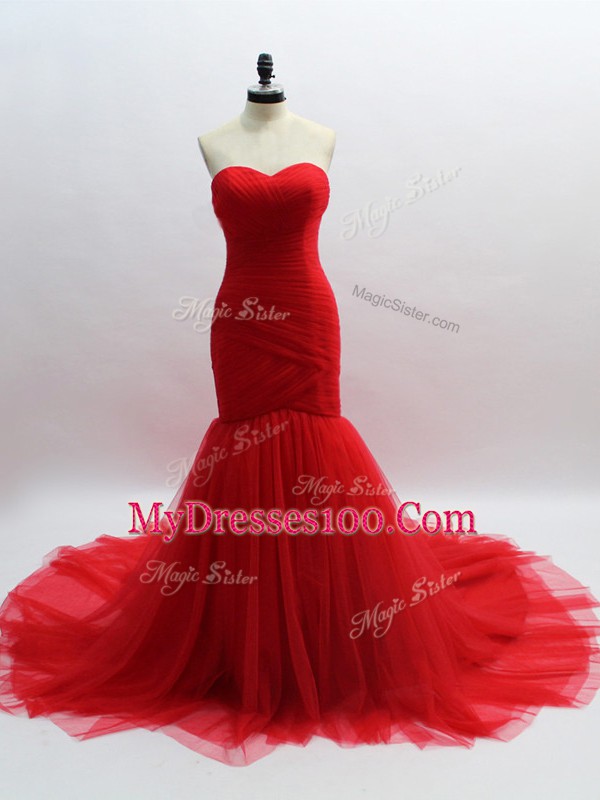Glorious Red Mermaid Tulle Sweetheart Sleeveless Ruching Lace Up Brush Train
