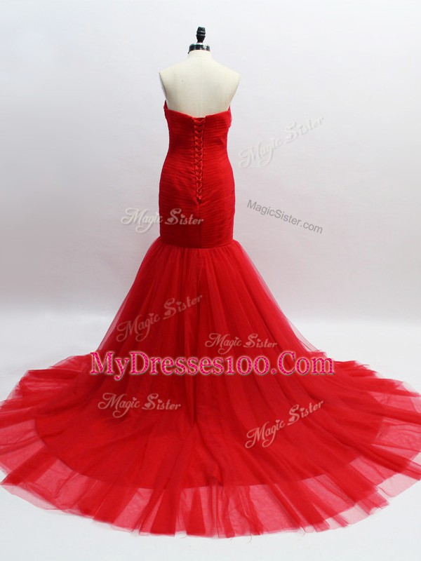 Glorious Red Mermaid Tulle Sweetheart Sleeveless Ruching Lace Up Brush Train
