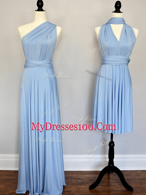 Light Blue Chiffon Lace Up One Shoulder Sleeveless Floor Length Bridesmaid Gown Ruching