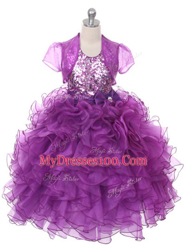 Floor Length Lace Up Kids Formal Wear Purple for Wedding Party with Ruffles and Sequins and Bowknot