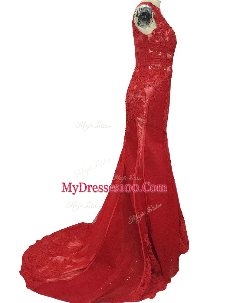 Sleeveless Tulle Brush Train Zipper Mother Dresses in Red with Lace