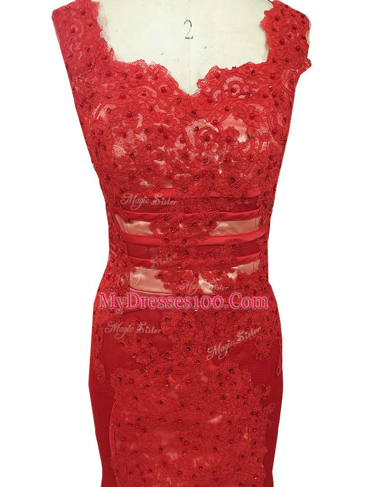 Sleeveless Tulle Brush Train Zipper Mother Dresses in Red with Lace