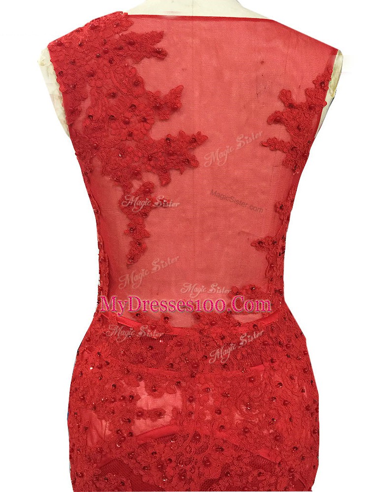 Sleeveless Tulle Brush Train Zipper Mother Dresses in Red with Lace