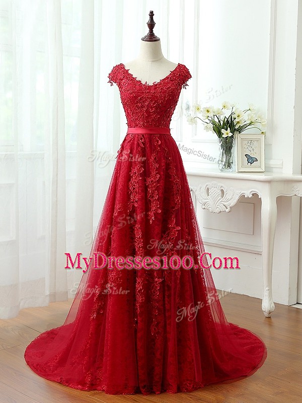 Chic Tulle V-neck Cap Sleeves Brush Train Lace Up Lace and Appliques in Red