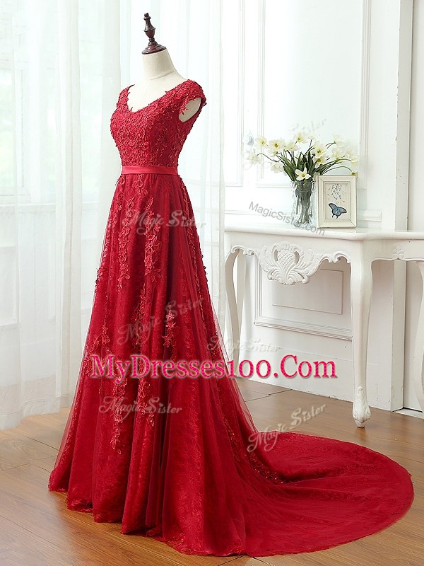 Chic Tulle V-neck Cap Sleeves Brush Train Lace Up Lace and Appliques in Red