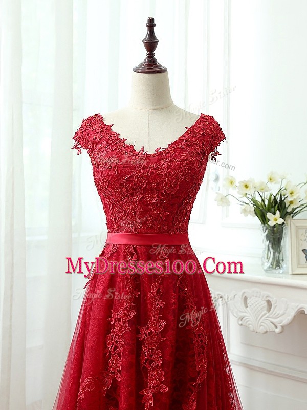 Chic Tulle V-neck Cap Sleeves Brush Train Lace Up Lace and Appliques in Red