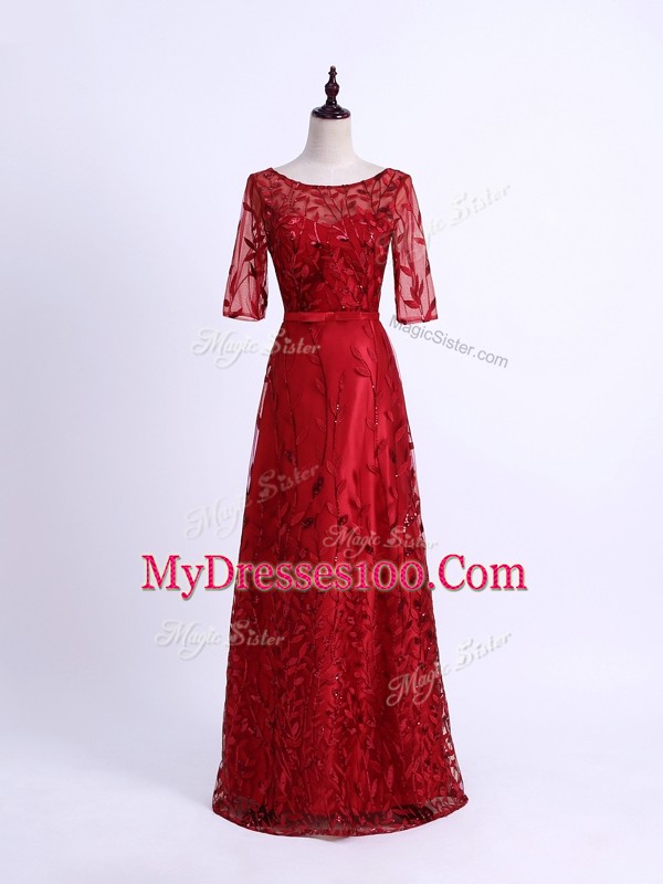 Flirting Red Half Sleeves Tulle Lace Up Mother Of The Bride Dress for Prom and Party and Military Ball and Sweet 16