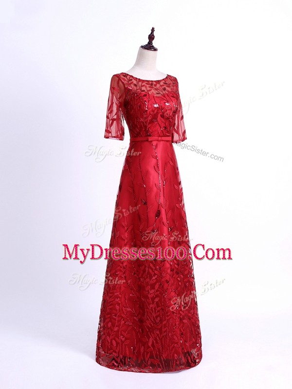 Flirting Red Half Sleeves Tulle Lace Up Mother Of The Bride Dress for Prom and Party and Military Ball and Sweet 16
