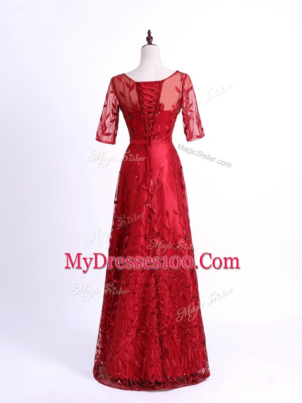 Flirting Red Half Sleeves Tulle Lace Up Mother Of The Bride Dress for Prom and Party and Military Ball and Sweet 16
