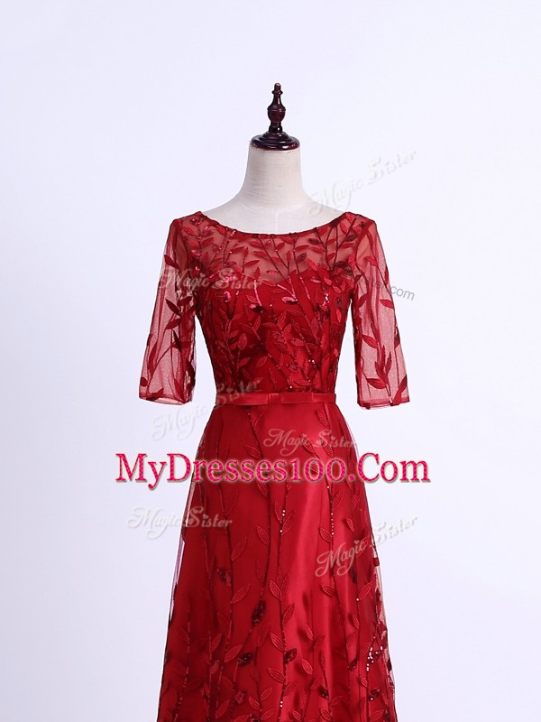 Flirting Red Half Sleeves Tulle Lace Up Mother Of The Bride Dress for Prom and Party and Military Ball and Sweet 16