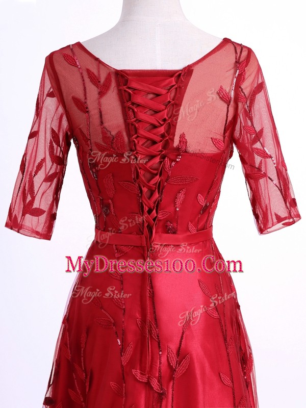 Flirting Red Half Sleeves Tulle Lace Up Mother Of The Bride Dress for Prom and Party and Military Ball and Sweet 16