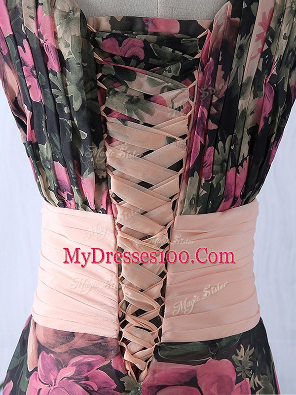 Peach Empire V-neck Sleeveless Printed Floor Length Lace Up Ruching