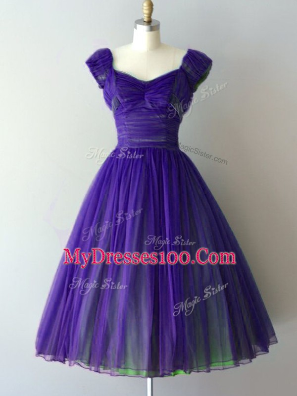 Purple A-line Chiffon V-neck Cap Sleeves Ruching Knee Length Lace Up Court Dresses for Sweet 16