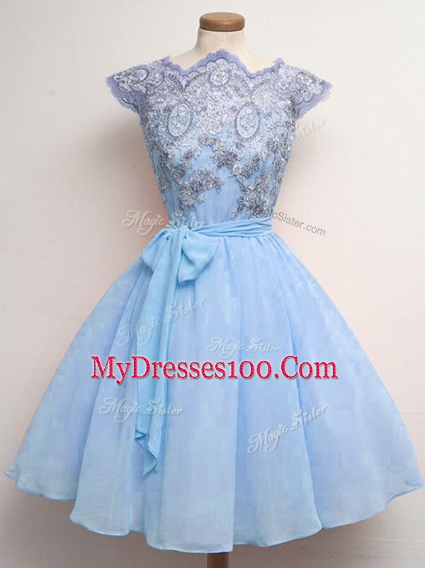 Blue Lace Up Scalloped Lace and Belt Bridesmaid Dresses Chiffon Cap Sleeves