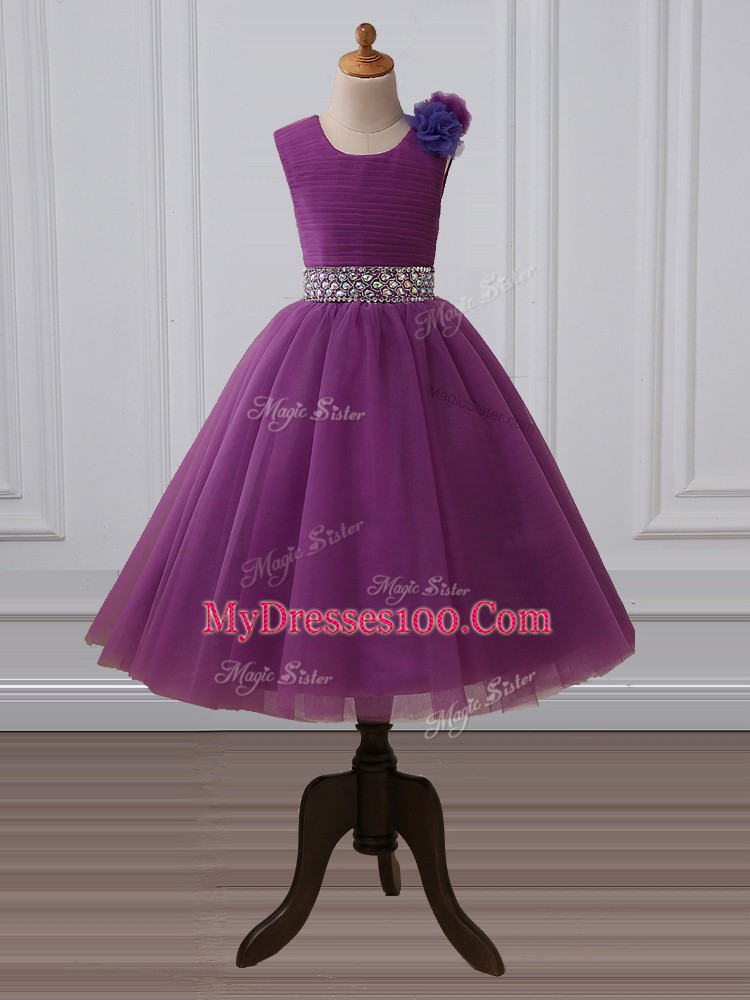Purple Ball Gowns Tulle Scoop Sleeveless Beading and Hand Made Flower Tea Length Zipper Child Pageant Dress