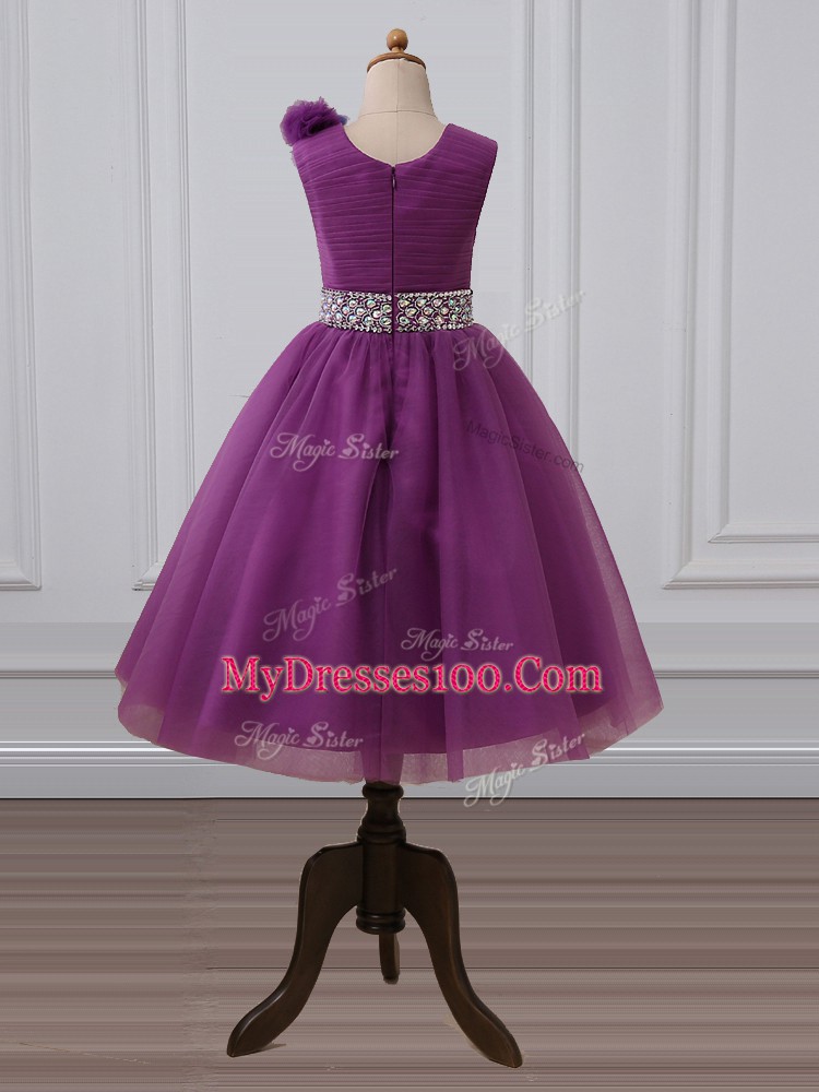 Purple Ball Gowns Tulle Scoop Sleeveless Beading and Hand Made Flower Tea Length Zipper Child Pageant Dress