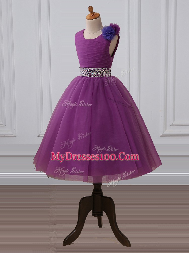 Purple Ball Gowns Tulle Scoop Sleeveless Beading and Hand Made Flower Tea Length Zipper Child Pageant Dress