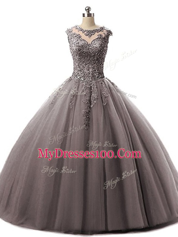 Floor Length Brown Quinceanera Dresses Tulle Sleeveless Beading and Lace