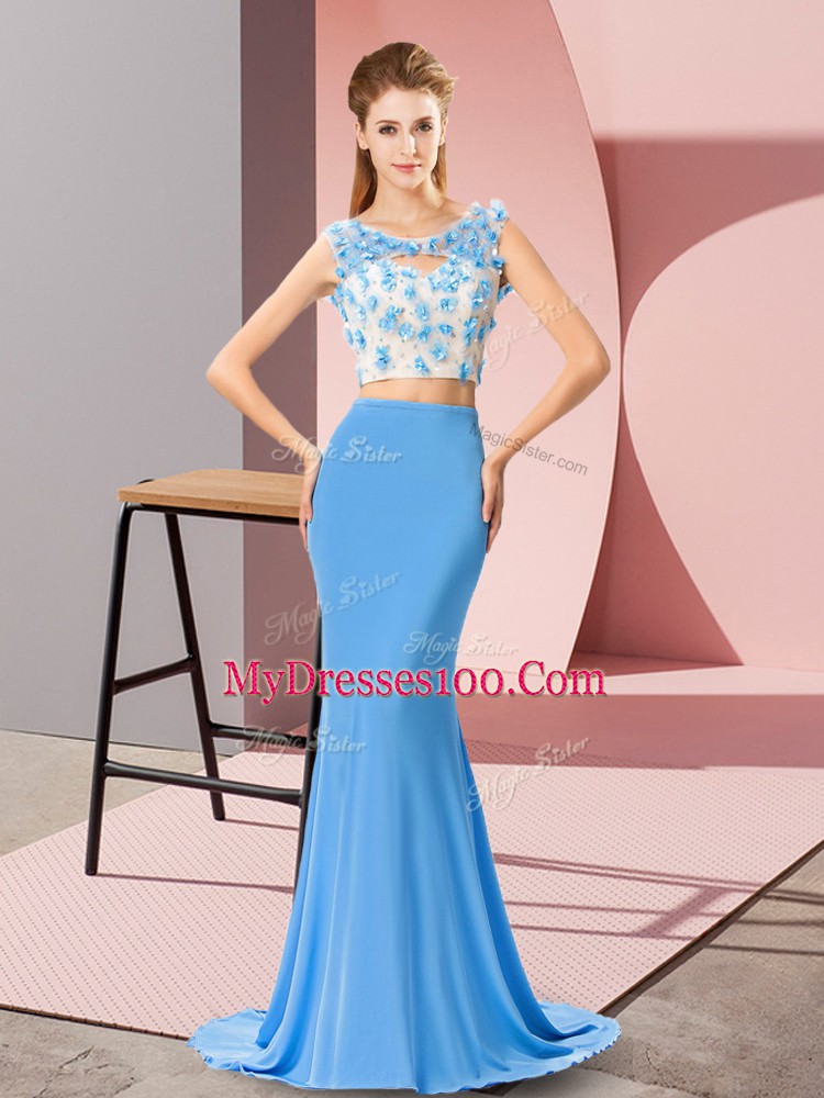 Extravagant Baby Blue Two Pieces Chiffon Scoop Sleeveless Beading and Hand Made Flower Zipper Prom Party Dress Brush Train