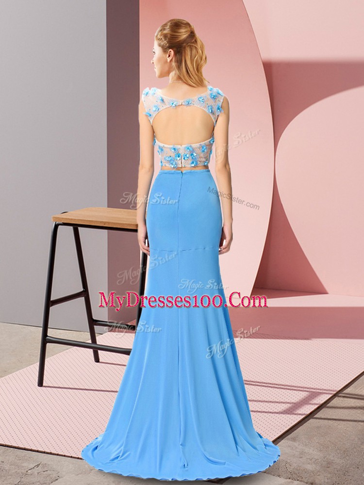 Extravagant Baby Blue Two Pieces Chiffon Scoop Sleeveless Beading and Hand Made Flower Zipper Prom Party Dress Brush Train