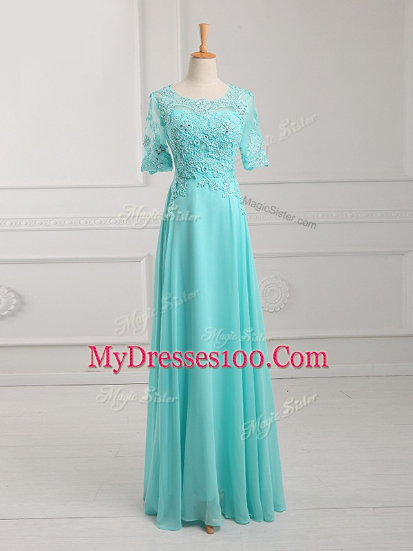 Aqua Blue Zipper Scoop Lace and Appliques Mother Of The Bride Dress Chiffon Half Sleeves