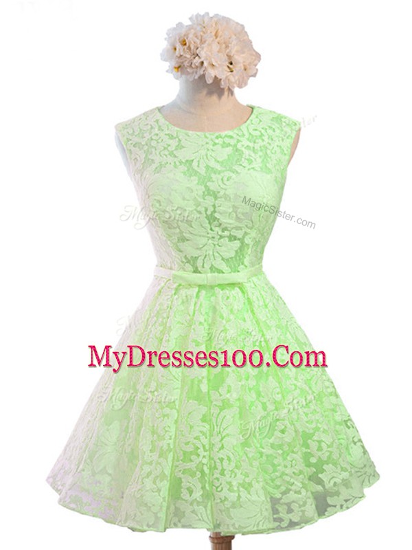 A-line Lace Scoop Sleeveless Belt Knee Length Lace Up Dama Dress