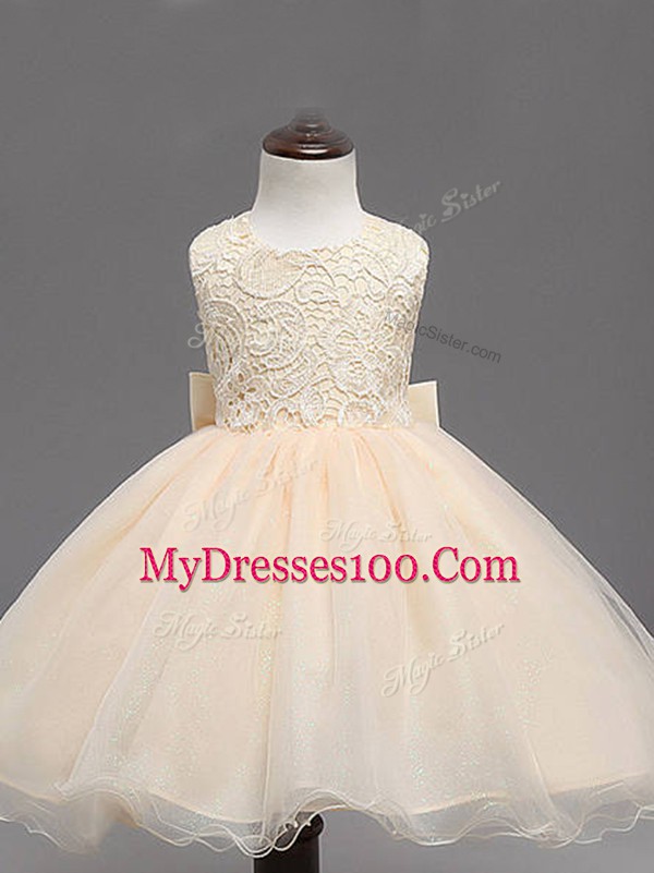 Customized Ball Gowns Flower Girl Dresses for Less Champagne Scoop Organza Sleeveless Knee Length Backless