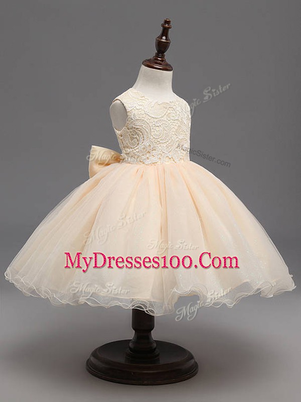 Customized Ball Gowns Flower Girl Dresses for Less Champagne Scoop Organza Sleeveless Knee Length Backless