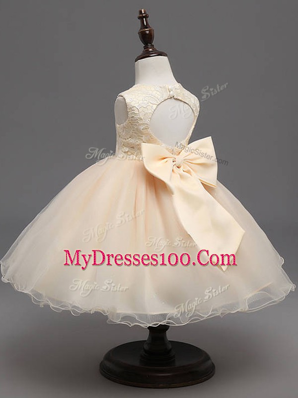 Customized Ball Gowns Flower Girl Dresses for Less Champagne Scoop Organza Sleeveless Knee Length Backless
