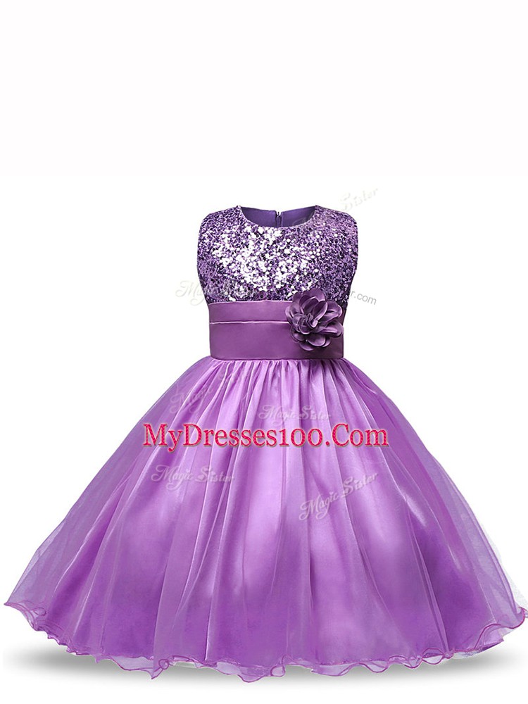 Luxurious Purple Ball Gowns Organza Scoop Sleeveless Sequins and Hand Made Flower Knee Length Zipper Girls Pageant Dresses