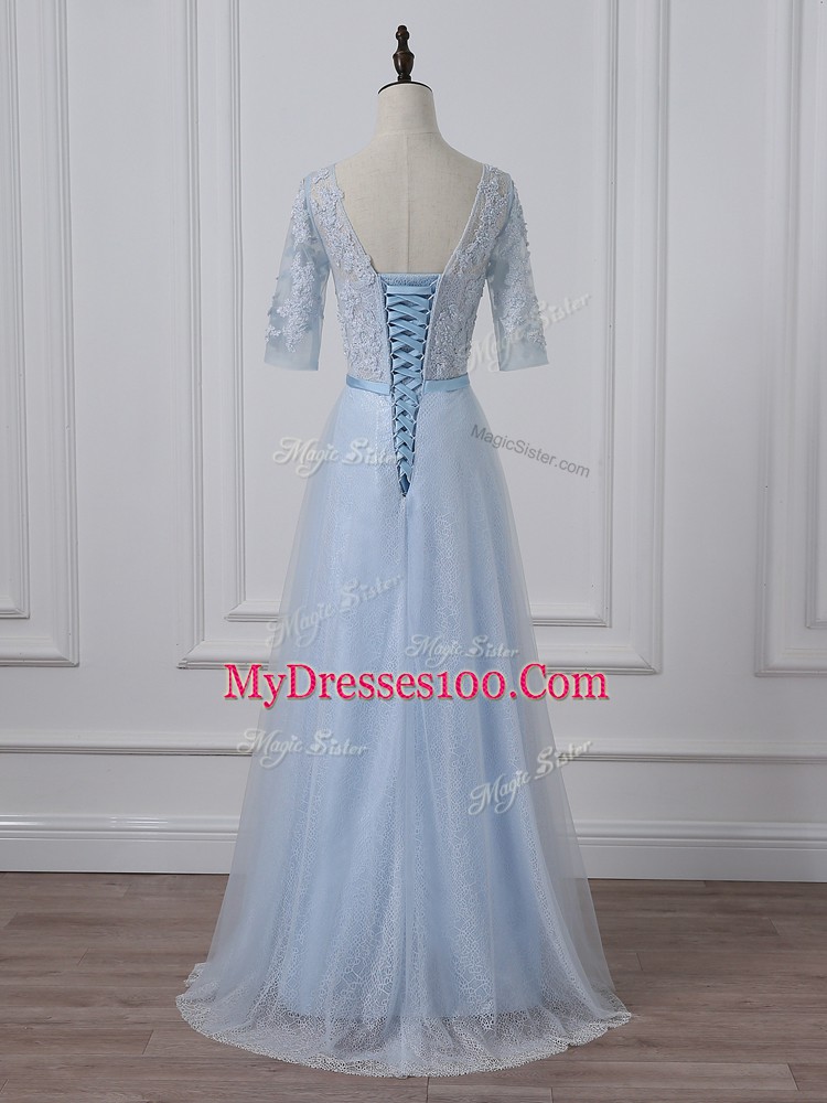 Top Selling Light Blue 3 4 Length Sleeve Beading and Lace and Appliques Mother Dresses