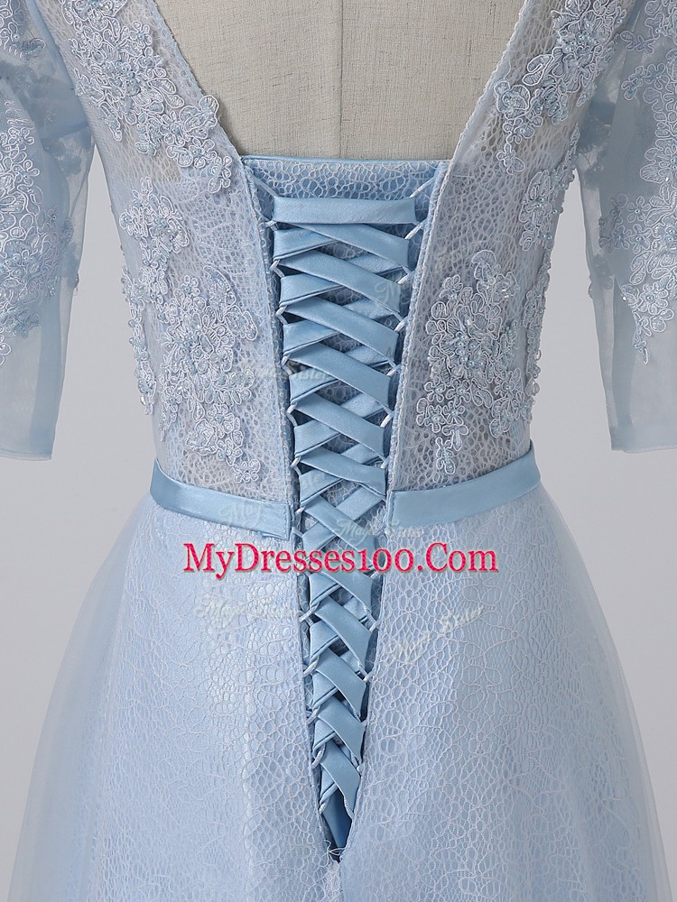 Top Selling Light Blue 3 4 Length Sleeve Beading and Lace and Appliques Mother Dresses