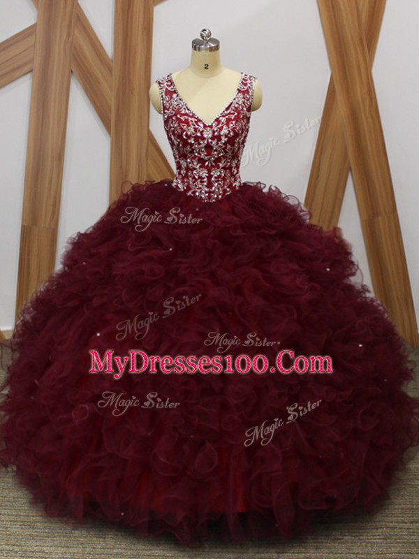 Designer Ball Gowns Quinceanera Dresses Burgundy V-neck Organza Sleeveless Floor Length Backless