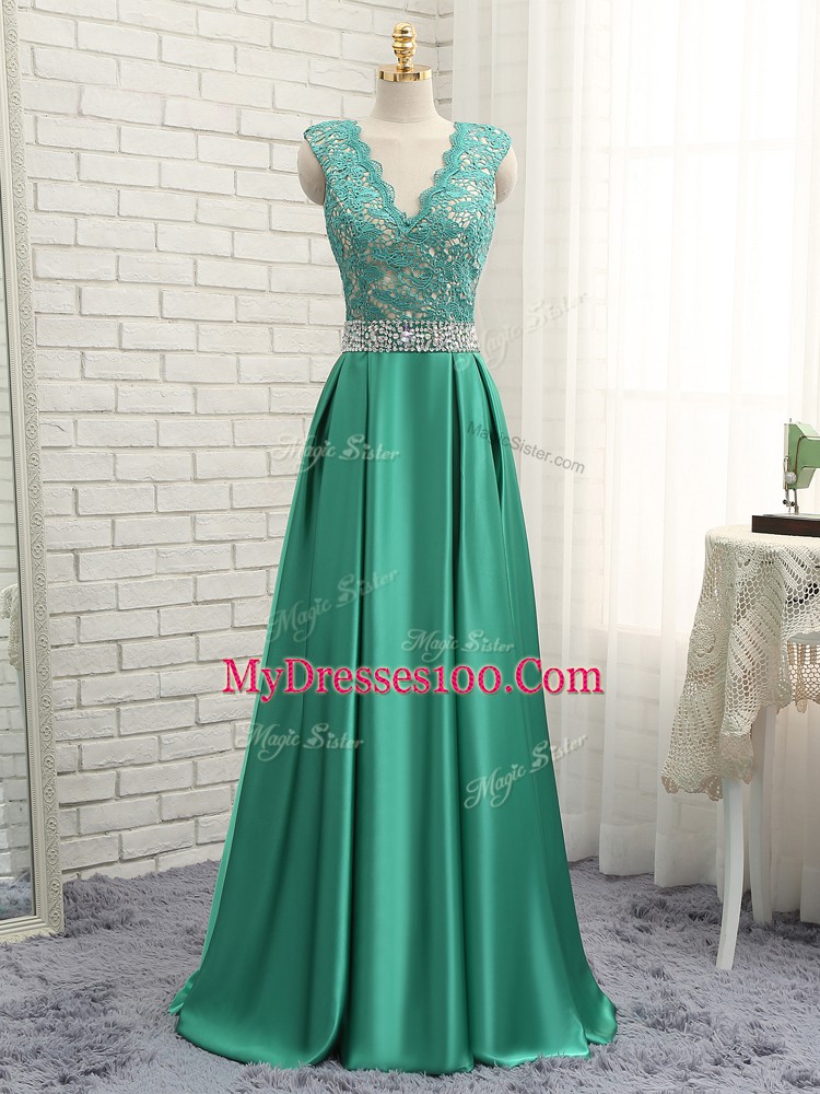 Floor Length Green Evening Dress V-neck Sleeveless Backless