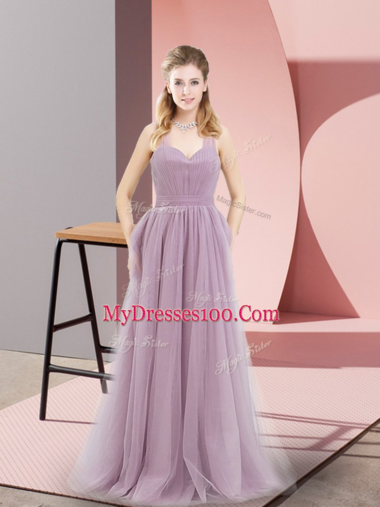 Colorful Floor Length Lilac Homecoming Dress Tulle Sleeveless Ruching