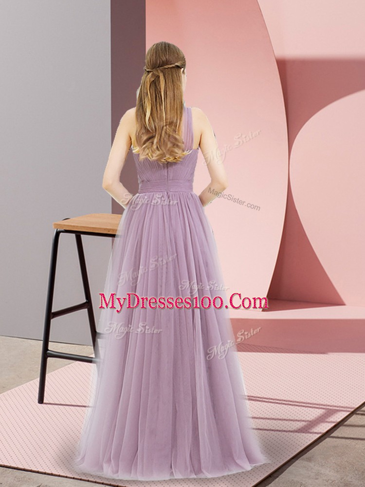 Colorful Floor Length Lilac Homecoming Dress Tulle Sleeveless Ruching